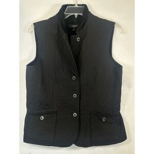 Talbots Women's Black Quilted Vest Corduroy Trim Collar Pockets Size Medium
